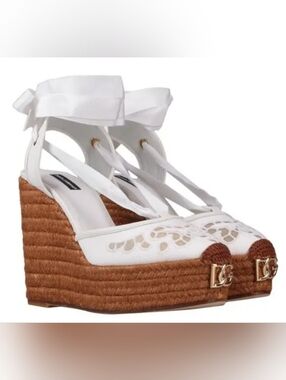 Dolce & Gabbana DG logo Wedges Espadrilles White Ribbon Ankle Sandals Size 5